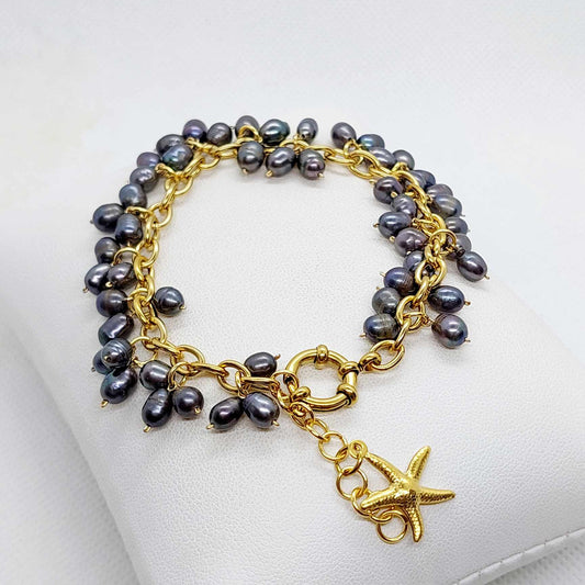 Natural Freshwater Dark Grey Pearl Bracelet in Gold Plated Stainless Steel