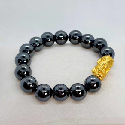 Natural Hematite Bracelet with Large Pixiu in 12mm Stones