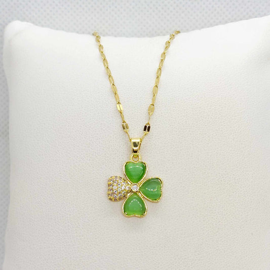 Four Leaf Clover with Zircon Pendant in Stainless Steel with Gold Plated Necklace Chain