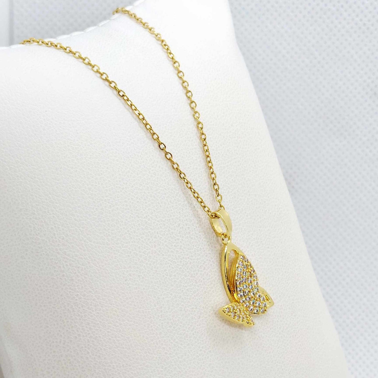 Butterfly with Zircon Pendant in Stainless Steel with Gold Plated Necklace Chain