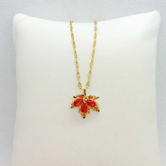 Maple Leaf Pendant in Red Zircon and Stainless Steel with Gold Plated Necklace Chain