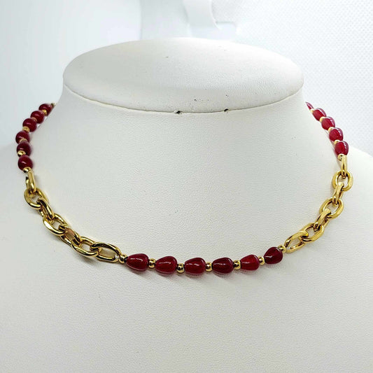 Natural Red Agate and Stainless Steel Choker Necklace in Gold Plating