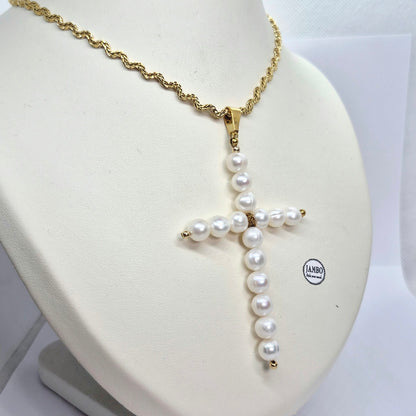 Natural Pearl Cross Pendant in Gold Plated Stainless Steel