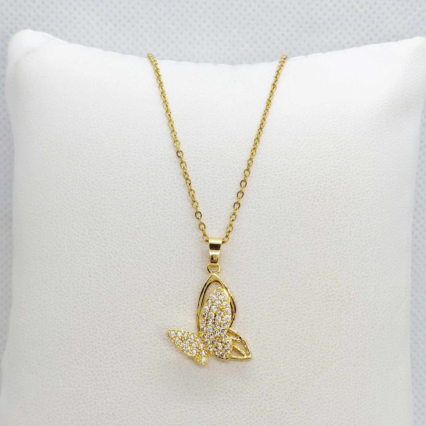 Butterfly with Zircon Pendant in Stainless Steel with Gold Plated Necklace Chain