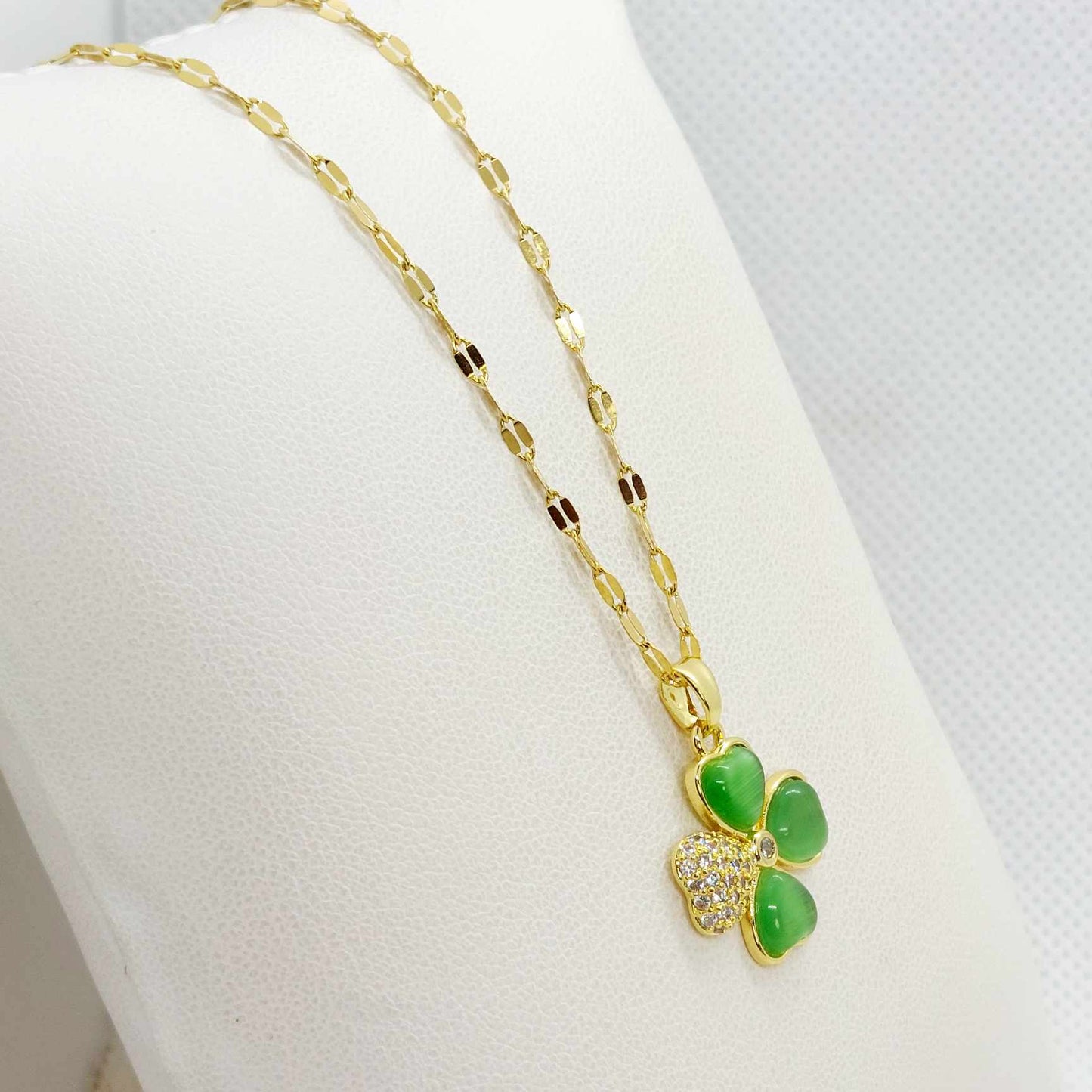 Four Leaf Clover with Zircon Pendant in Stainless Steel with Gold Plated Necklace Chain