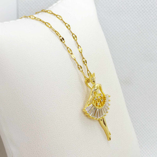 Ballerina with Zircon Pendant in Stainless Steel with Gold Plated Necklace Chain