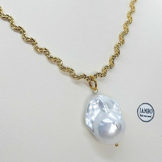 Natural Baroque Pearl Pendant with Stainless Steel Gold Plated Chain Necklace