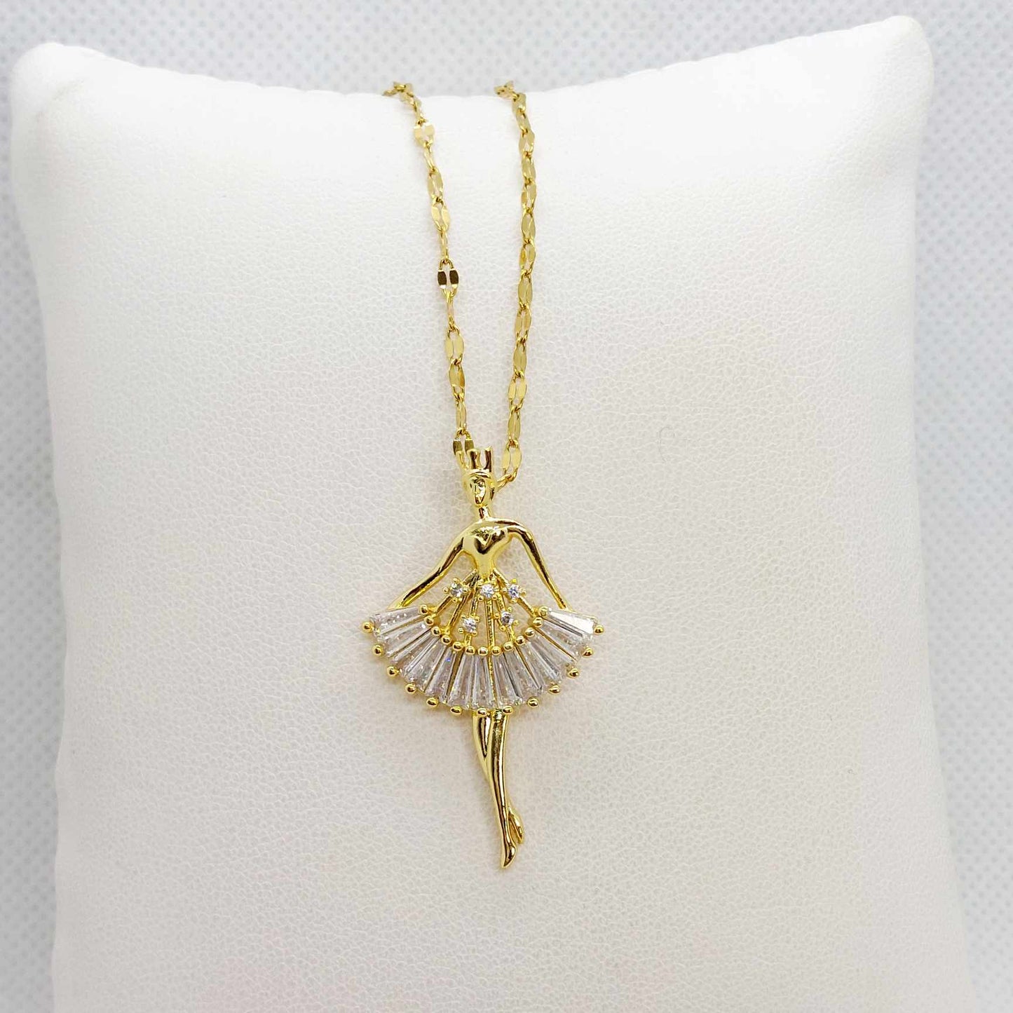 Ballerina with Zircon Pendant in Stainless Steel with Gold Plated Necklace Chain