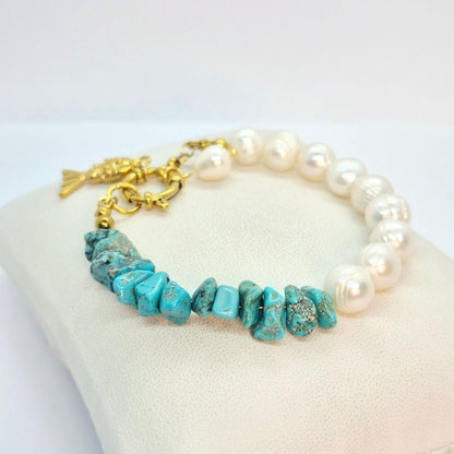 Natural Pearl and Turquoise Bracelet in 8-9mm Stones