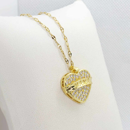 Heart for Mama Pendant in Zircon with Stainless Steel Gold Plated Necklace Chain