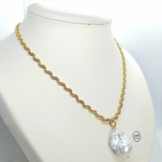 Natural Baroque Pearl Pendant with Stainless Steel Gold Plated Chain Necklace