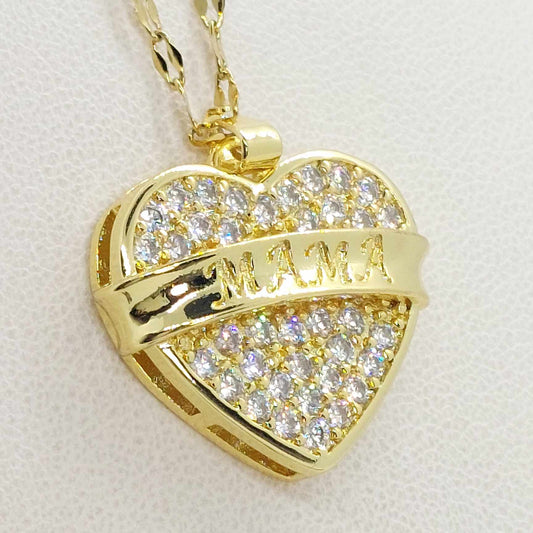 Heart for Mama Pendant in Zircon with Stainless Steel Gold Plated Necklace Chain