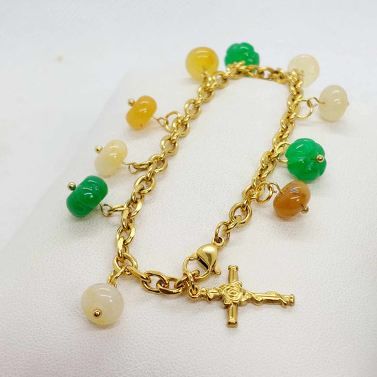 Natural Yellow and Green Jade Charm Bracelet in Gold Plated Stainless Steel