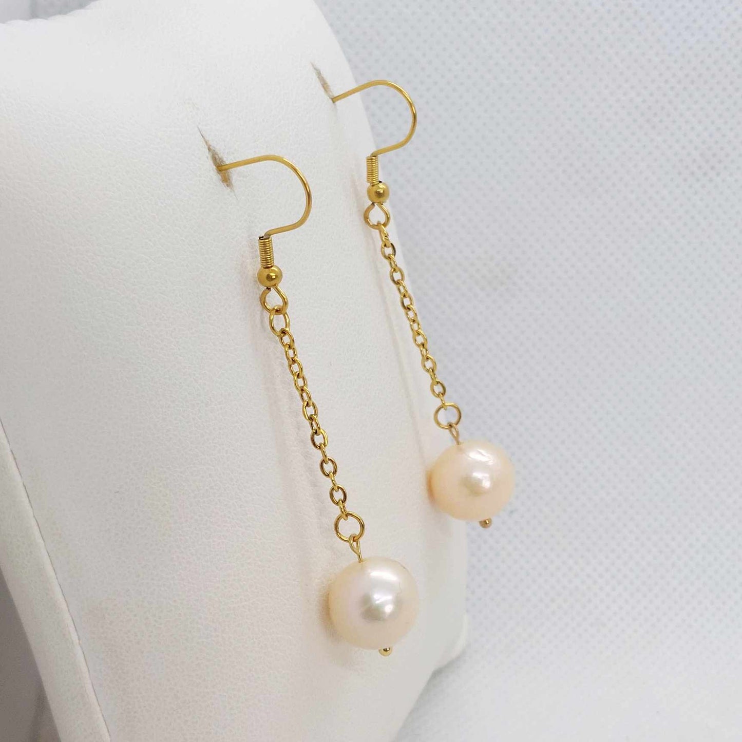 Natural Pink Freshwater Pearl Dangle Earrings in Gold Plated Stainless Steel