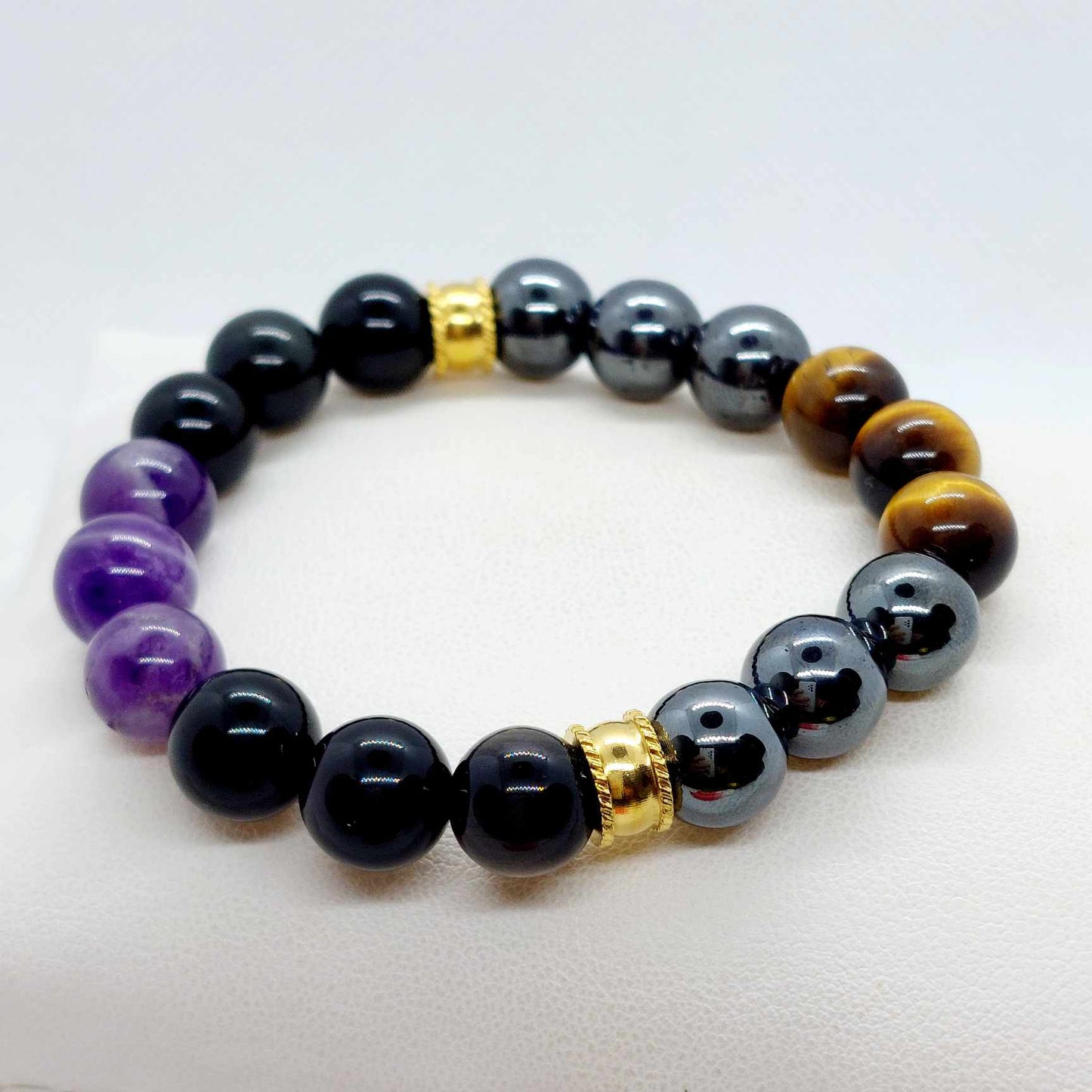 Hematite, Obsidian, Amethyst and Tiger Eye Bracelet in 1Omm Natural Stones