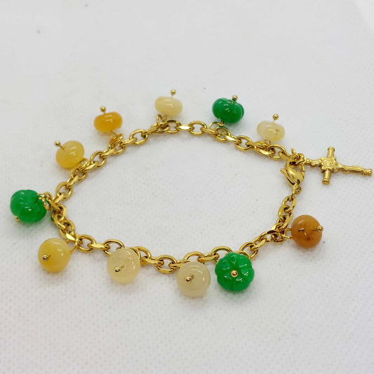 Natural Yellow and Green Jade Charm Bracelet in Gold Plated Stainless Steel