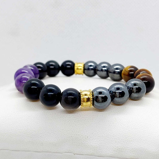 Hematite, Obsidian, Amethyst and Tiger Eye Bracelet in 1Omm Natural Stones