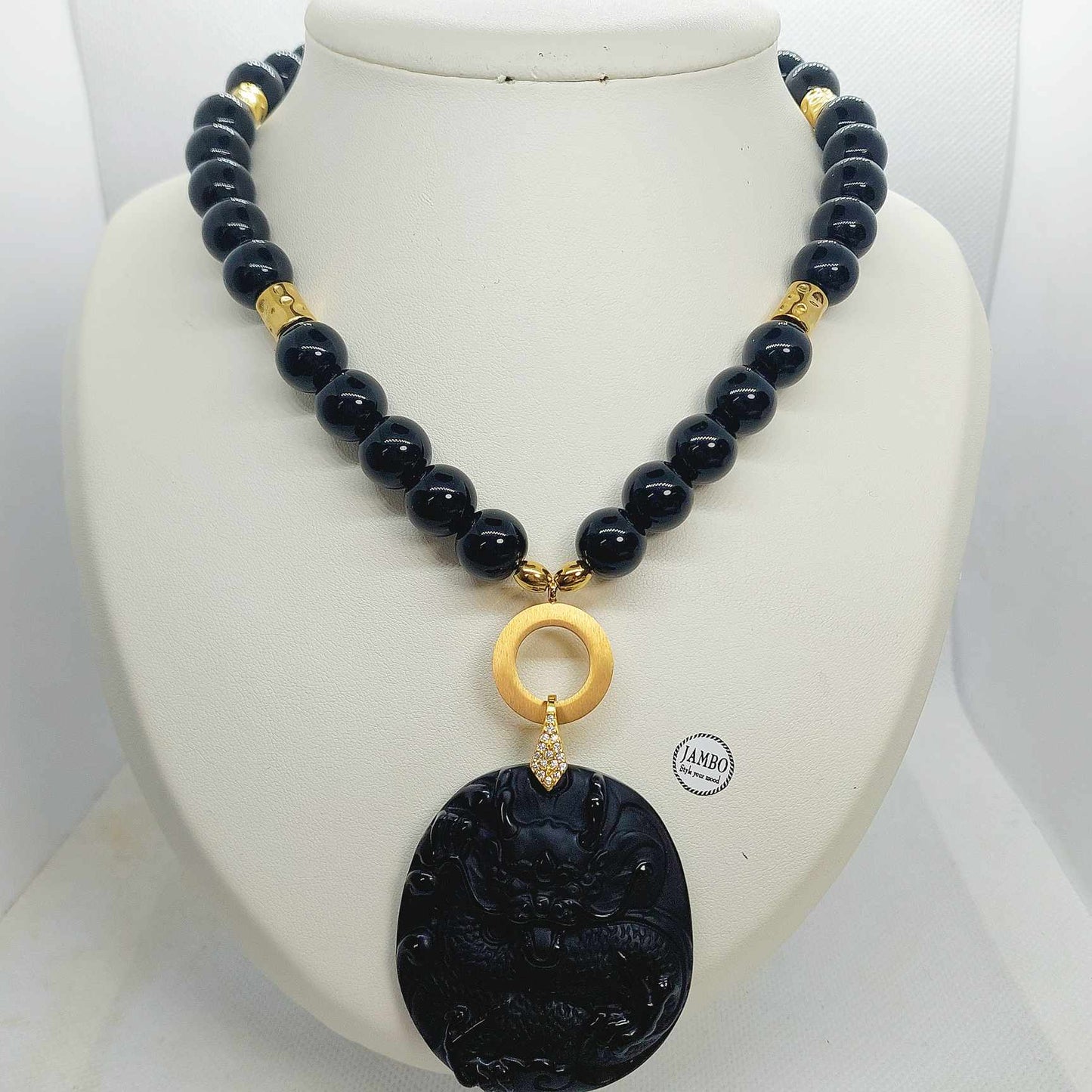 Natural Onyx Choker Necklace with Obsidian Dragon Pendant in 12mm Stones