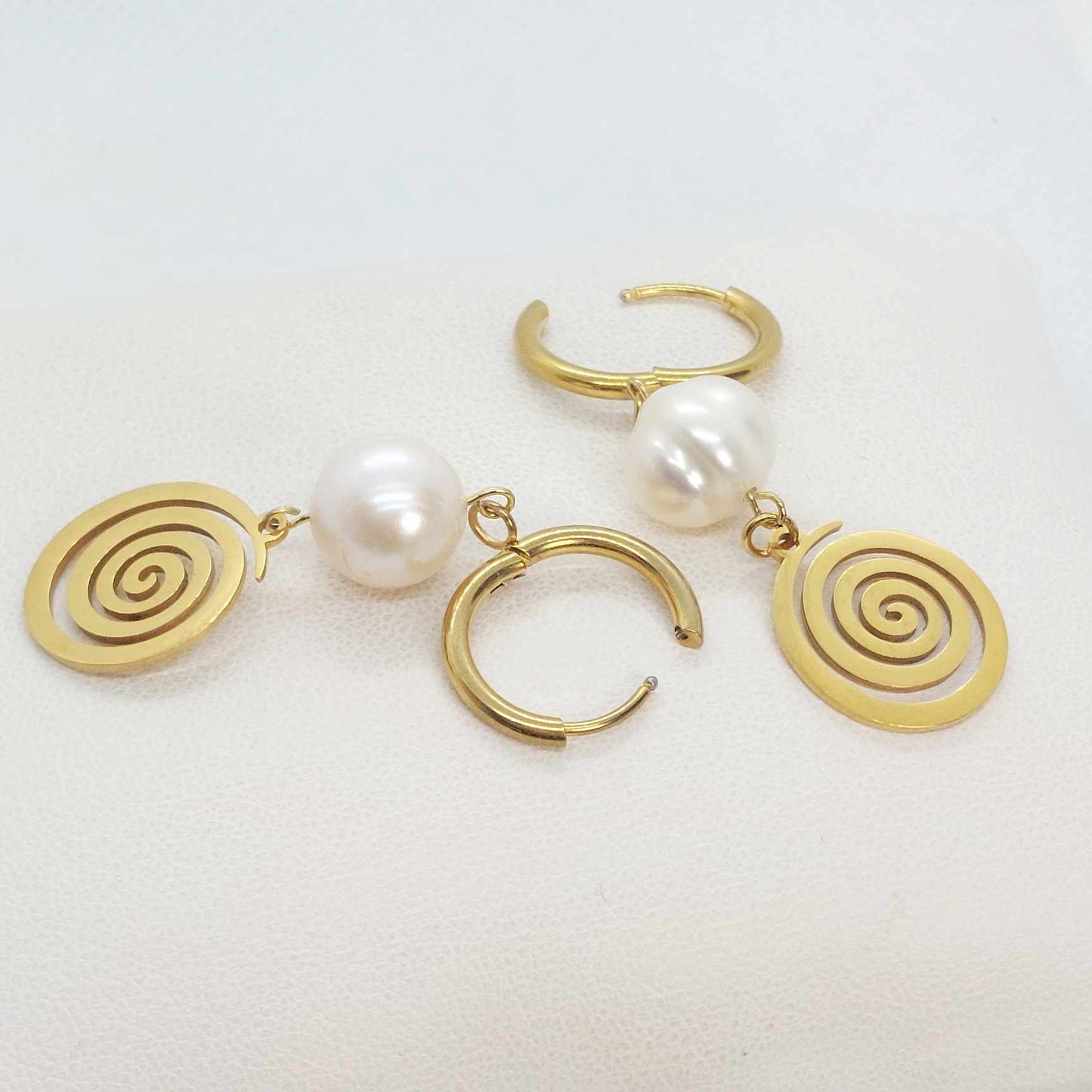 Natural Freshwater Pearl Dangle Hoop Earrings in Gold Plated Stainless Steel