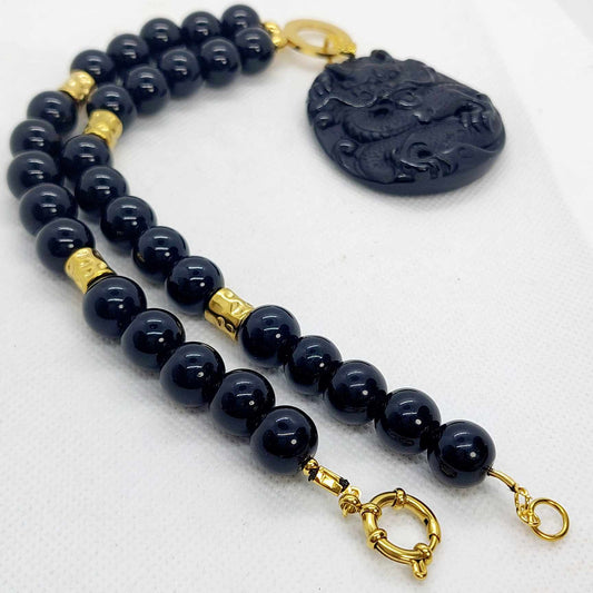 Natural Onyx Choker Necklace with Obsidian Dragon Pendant in 12mm Stones