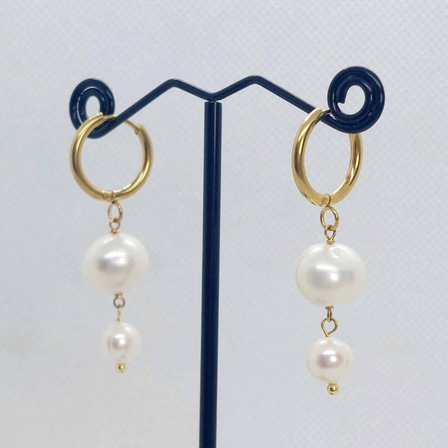 Natural Freshwater Pearl Dangle Hoop Earrings in Gold Plated Stainless Steel