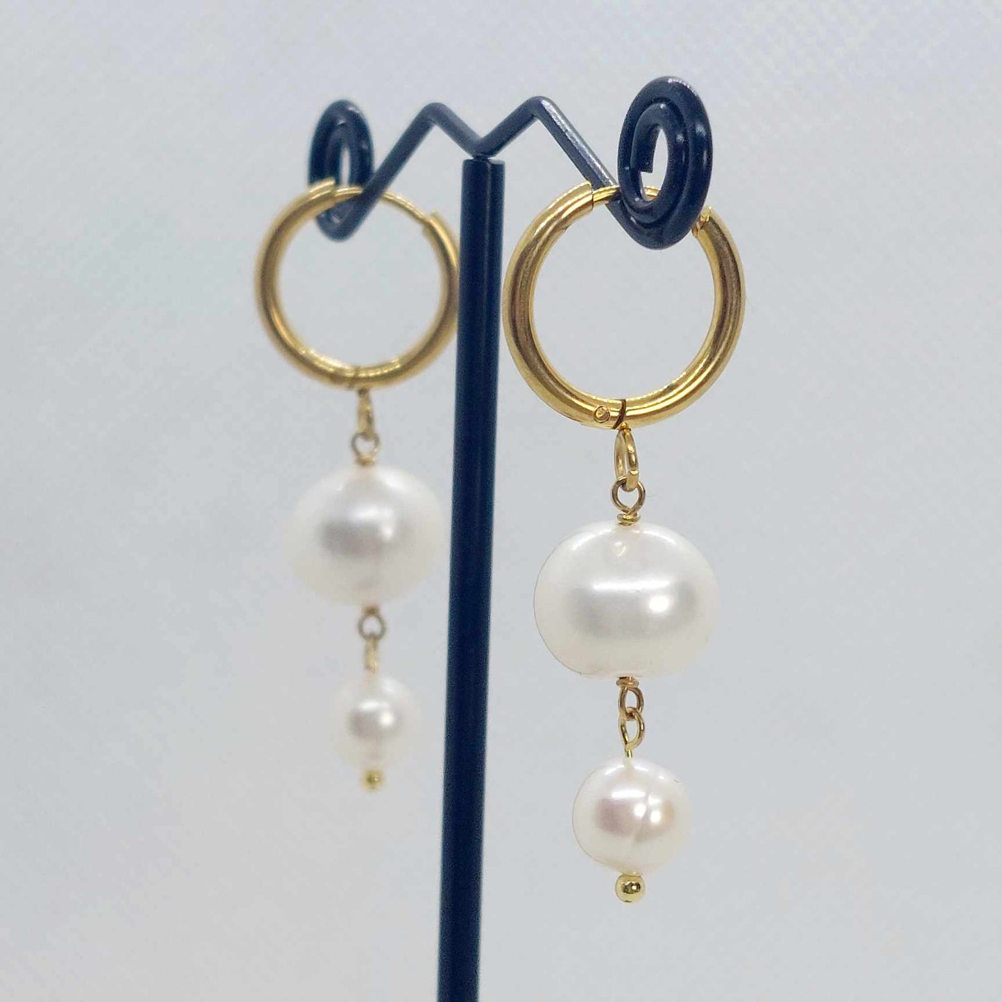 Natural Freshwater Pearl Dangle Hoop Earrings in Gold Plated Stainless Steel