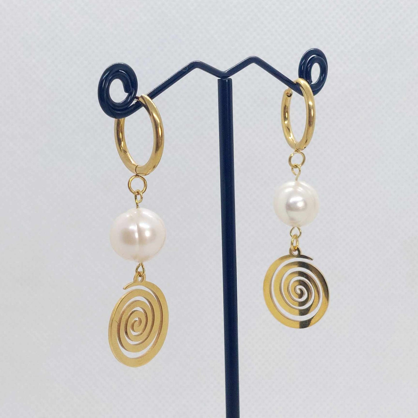 Natural Freshwater Pearl Dangle Hoop Earrings in Gold Plated Stainless Steel