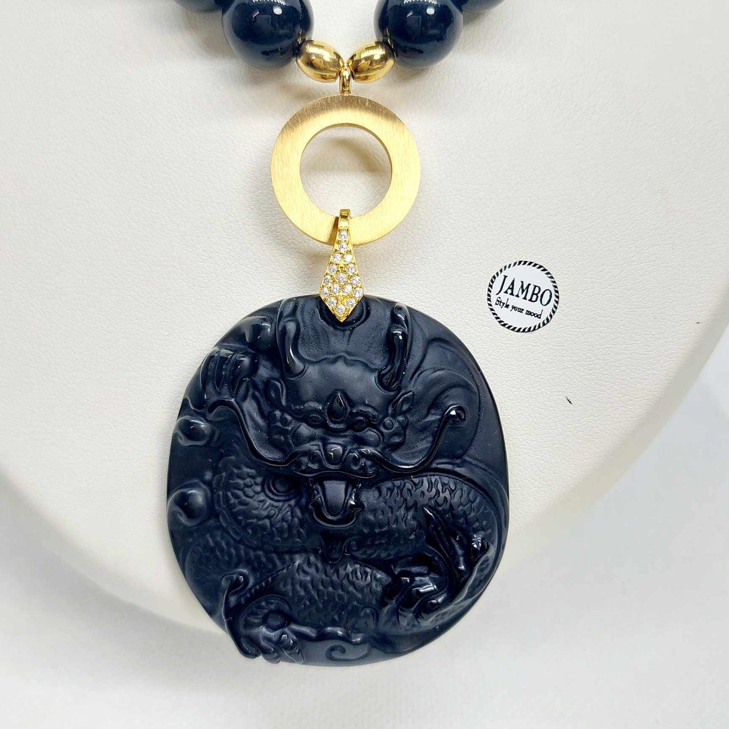 Natural Onyx Choker Necklace with Obsidian Dragon Pendant in 12mm Stones