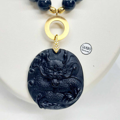 Natural Onyx Choker Necklace with Obsidian Dragon Pendant in 12mm Stones