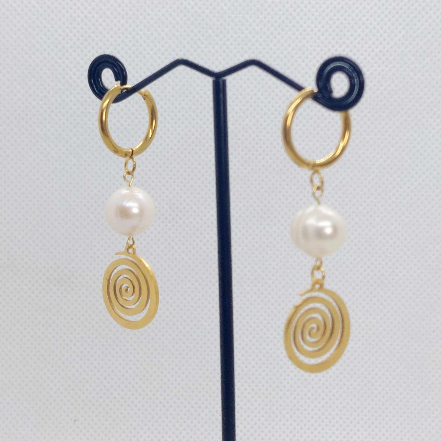 Natural Freshwater Pearl Dangle Hoop Earrings in Gold Plated Stainless Steel