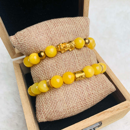 Natural Yellow Jade Bracelet with Money Bag Pixiu in 12mm Stones