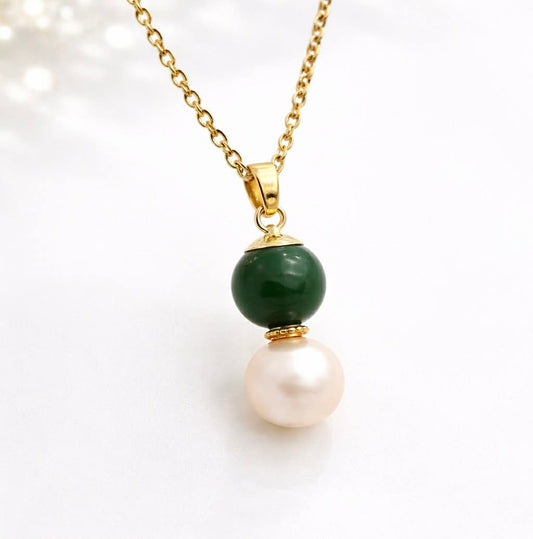 Natural Hetian Jade and 12mm Peach Pearl Pendant in Gold Plated Stainless Steel with Chain Necklace