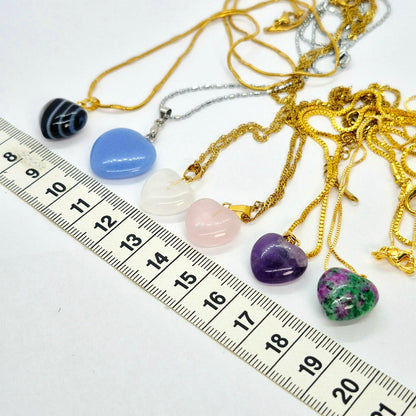 Natural Stone Mini Hearts in Amethyst, White Crystal, Ruby Stone, Blue Angelite, Striped Agate and Rose Quartz with Stainless Steel Chain Necklace