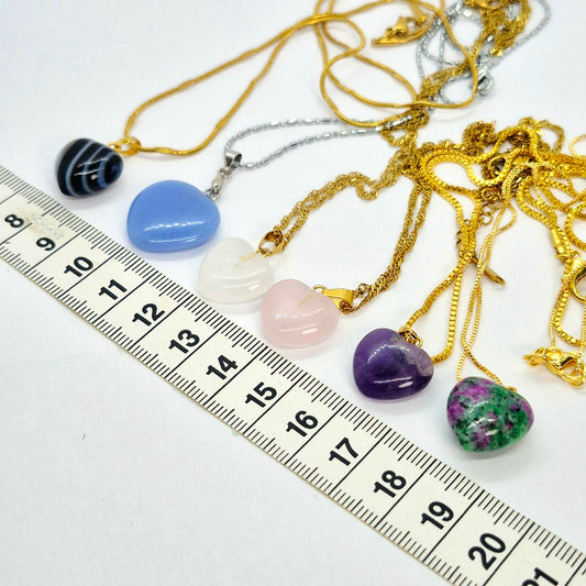 Natural Stone Mini Hearts in Amethyst, White Crystal, Ruby Stone, Blue Angelite, Striped Agate and Rose Quartz with Stainless Steel Chain Necklace