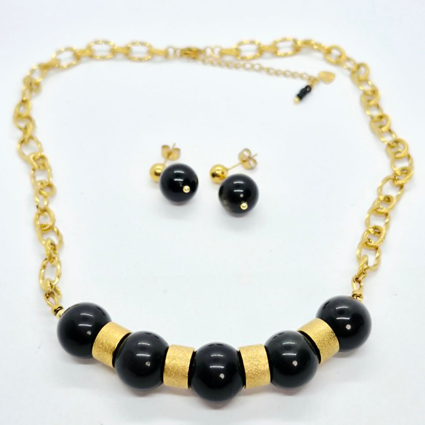 Natural Obsidian Set in 12-14mm Stones Gold Plated Stainless Steel with Chain Necklace