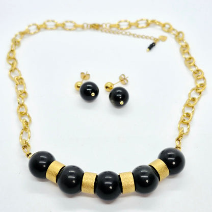 Natural Obsidian Set in 12-14mm Stones Gold Plated Stainless Steel with Chain Necklace
