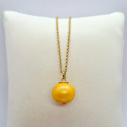 Natural Golden 13mm Pearl Pendant in solid 10K Gold with 10K Chain Necklace