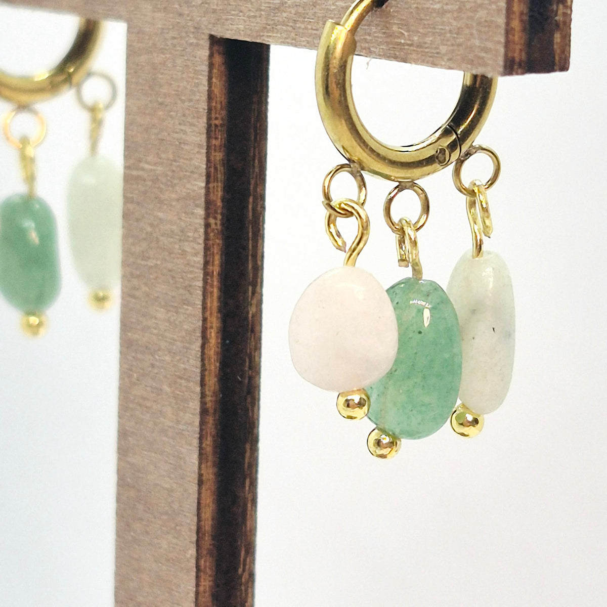 Natural Mini Amazonite, Rose Quartz and Aventurine Hoop Earrings in Stainless Steel Gold Plated