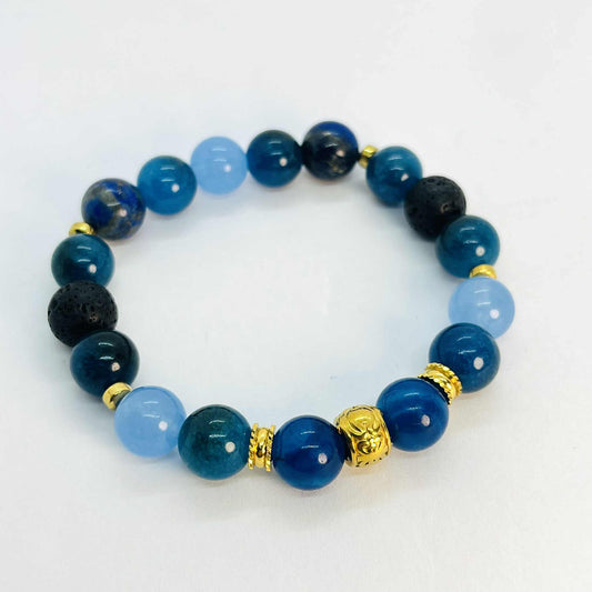 Natural Mixed Blue Stone Bracelet in 10mm Stones with Lapis, Chalcedony, Apatite and Lava