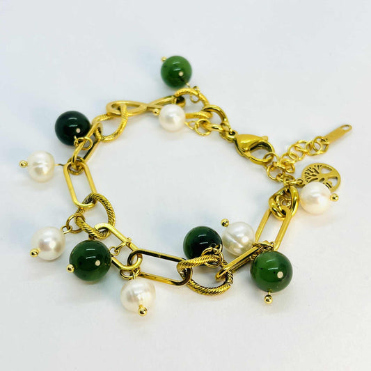 Natural Stone Bracelet with Pearls and Hetian Jade in 6-10mm Stones