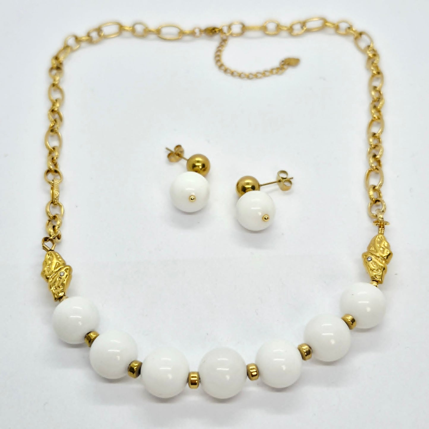 White Porcelain Set in 12mm Stones and Gold Plated Stainless Steel with Chain Necklace