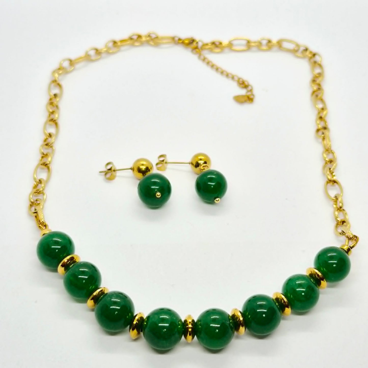 Natural Hetian Jade Set in 12mm Stones and Gold Plated Stainless Steel with Chain Necklace