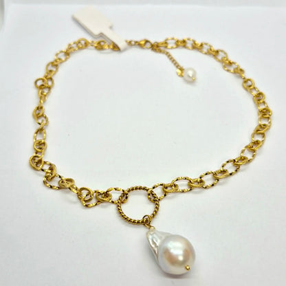Natural Baroque Pearl Pendant with Gold Plated Stainless Steel Chain Necklace