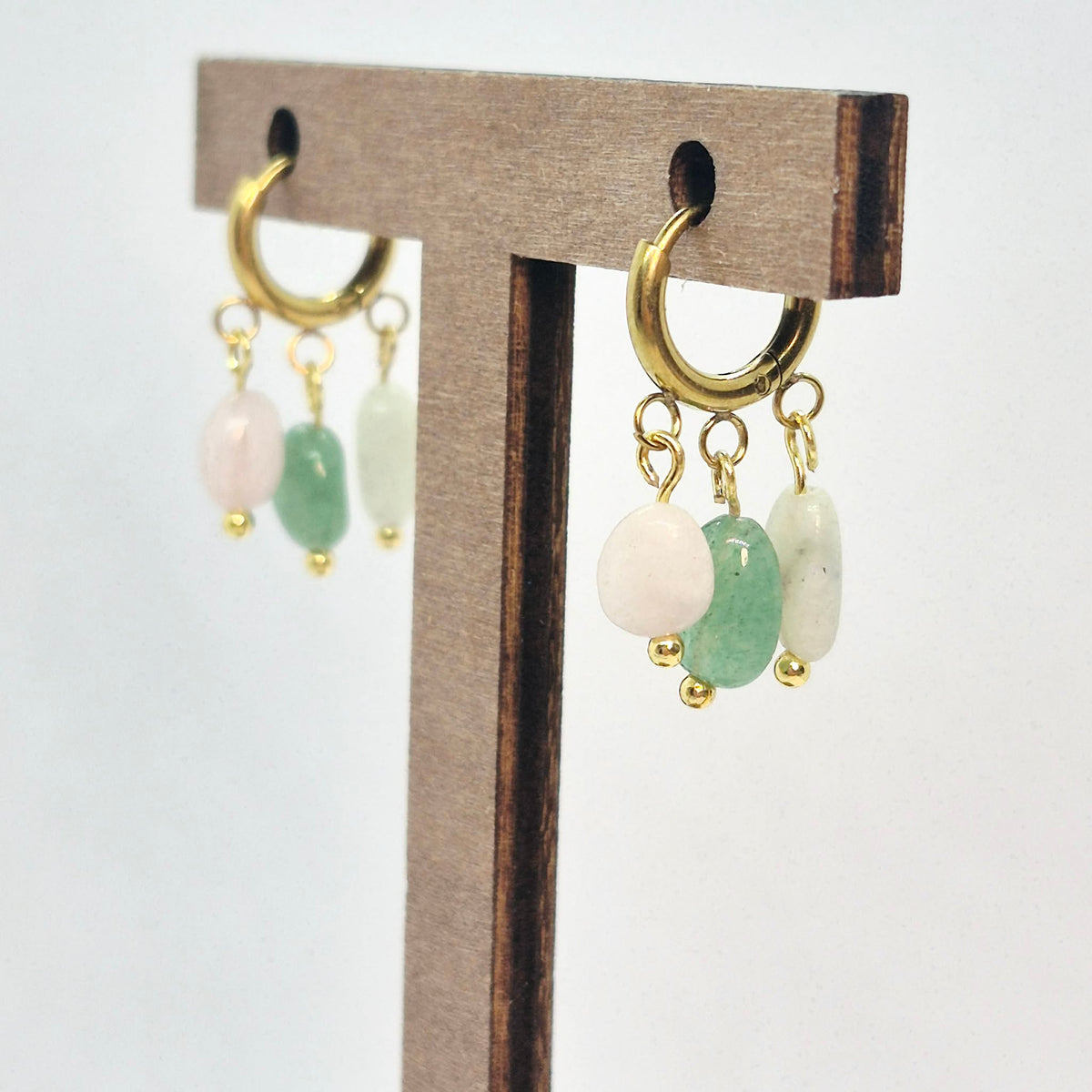 Natural Mini Amazonite, Rose Quartz and Aventurine Hoop Earrings in Stainless Steel Gold Plated