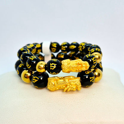 Natural Black Obsidian Feng Shui Bracelet with Silver Pixiu Gold Plated in 10mm or 12mm Stones