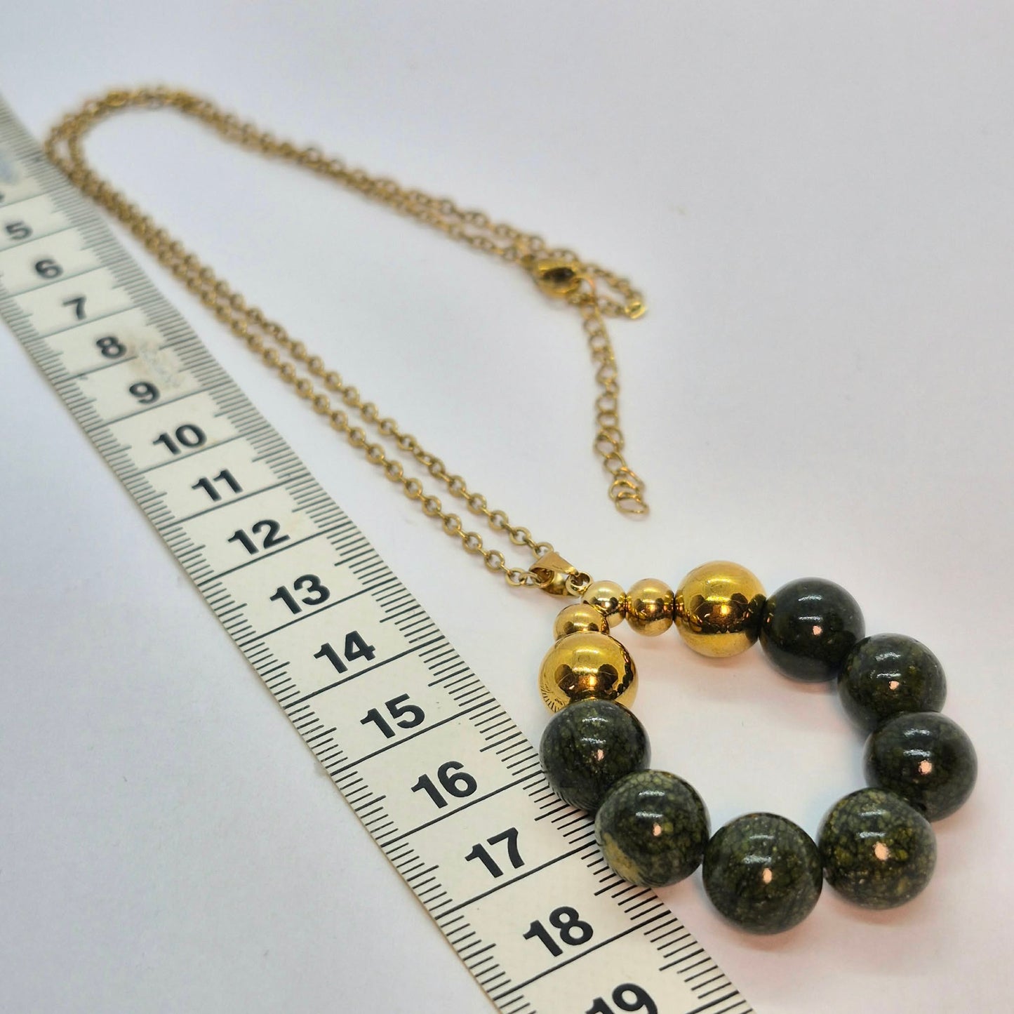 Circle of Natural Serpentine Pendant with Gold Plated Stainless Steel Chain Necklace