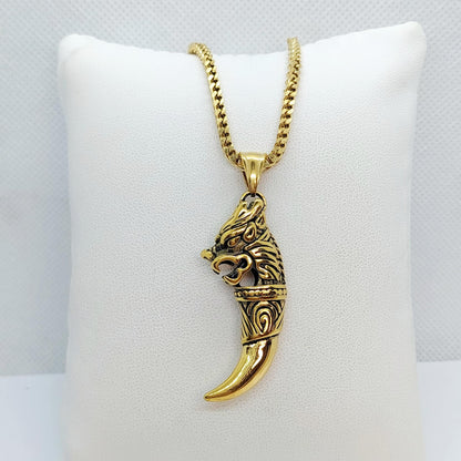 Dragon Tooth Pendant in Stainless Steel Gold Plated Chain Necklace