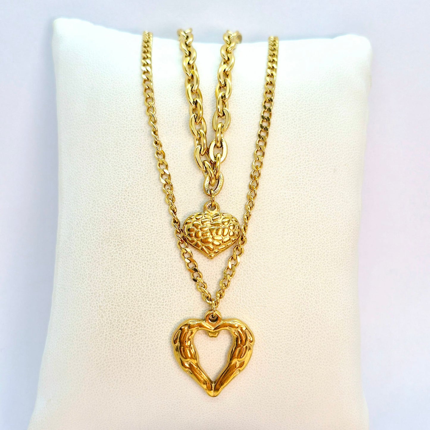 Double Heart Pendant Necklace in Gold Platted Stainless Steel