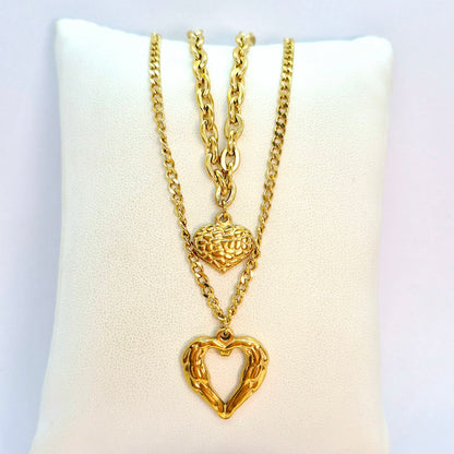 Double Heart Pendant Necklace in Gold Platted Stainless Steel