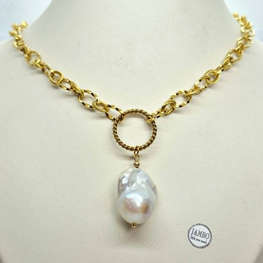 Natural Baroque Pearl Pendant with Gold Plated Stainless Steel Chain Necklace